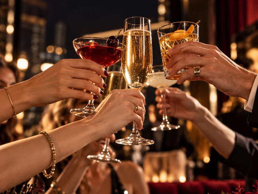 Brindis nocturno con cócteles y copas de champán en una celebración privada